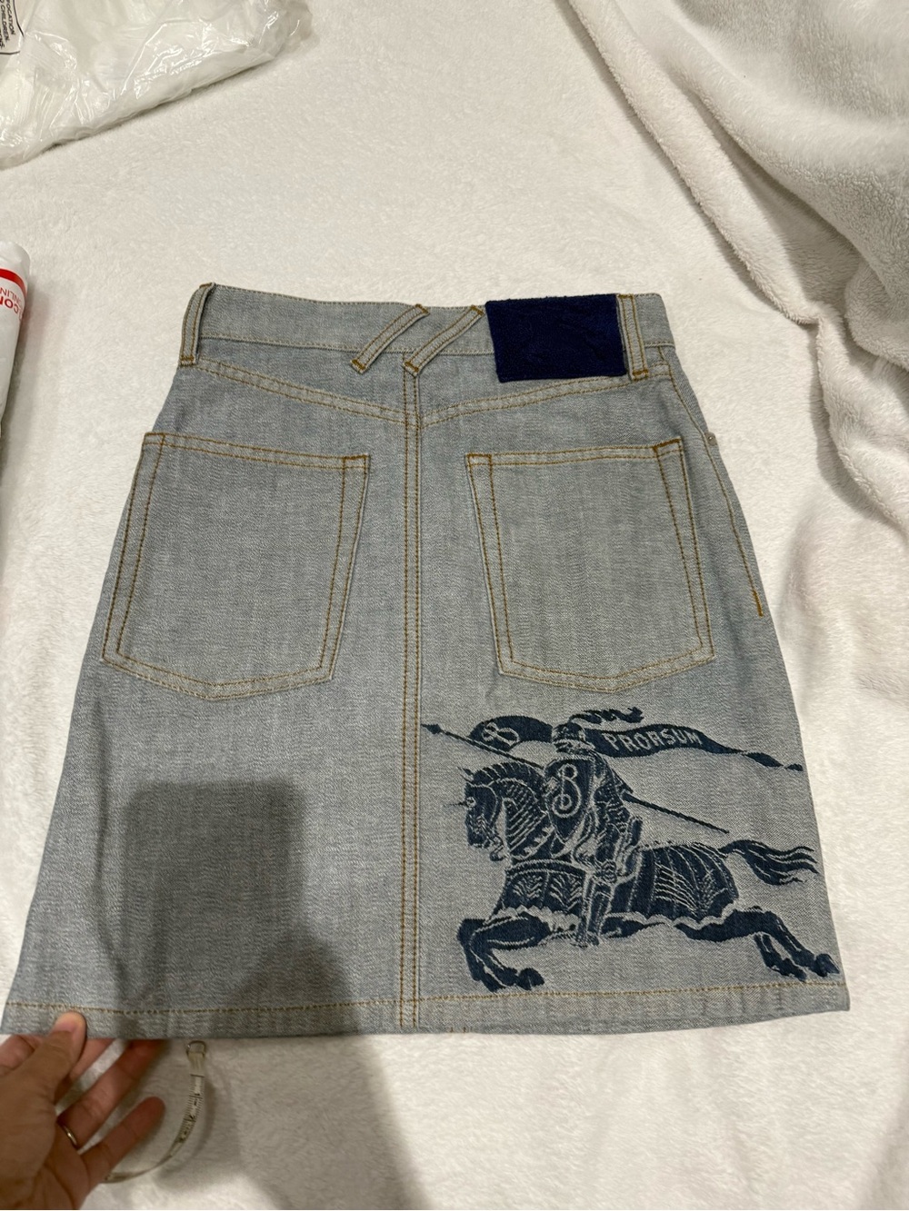 Burberry Light Wash Denim Mini Skirt with Navy Crest Embroidery
